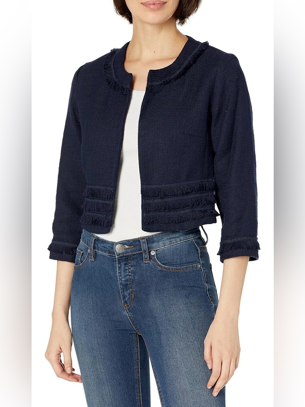 Karl Lagerfeld Navy Tweed Cropped Fringe-Trim Blazer - Picture 4 of 8